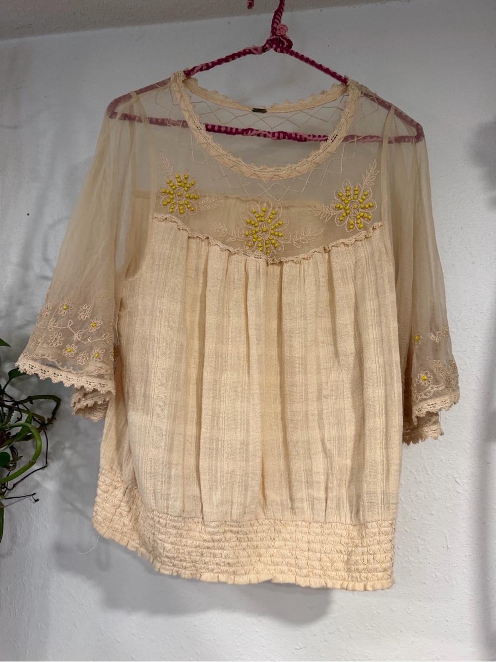 Free People Cream Sheer Embroidered Boho Blouse with Yellow Accents
